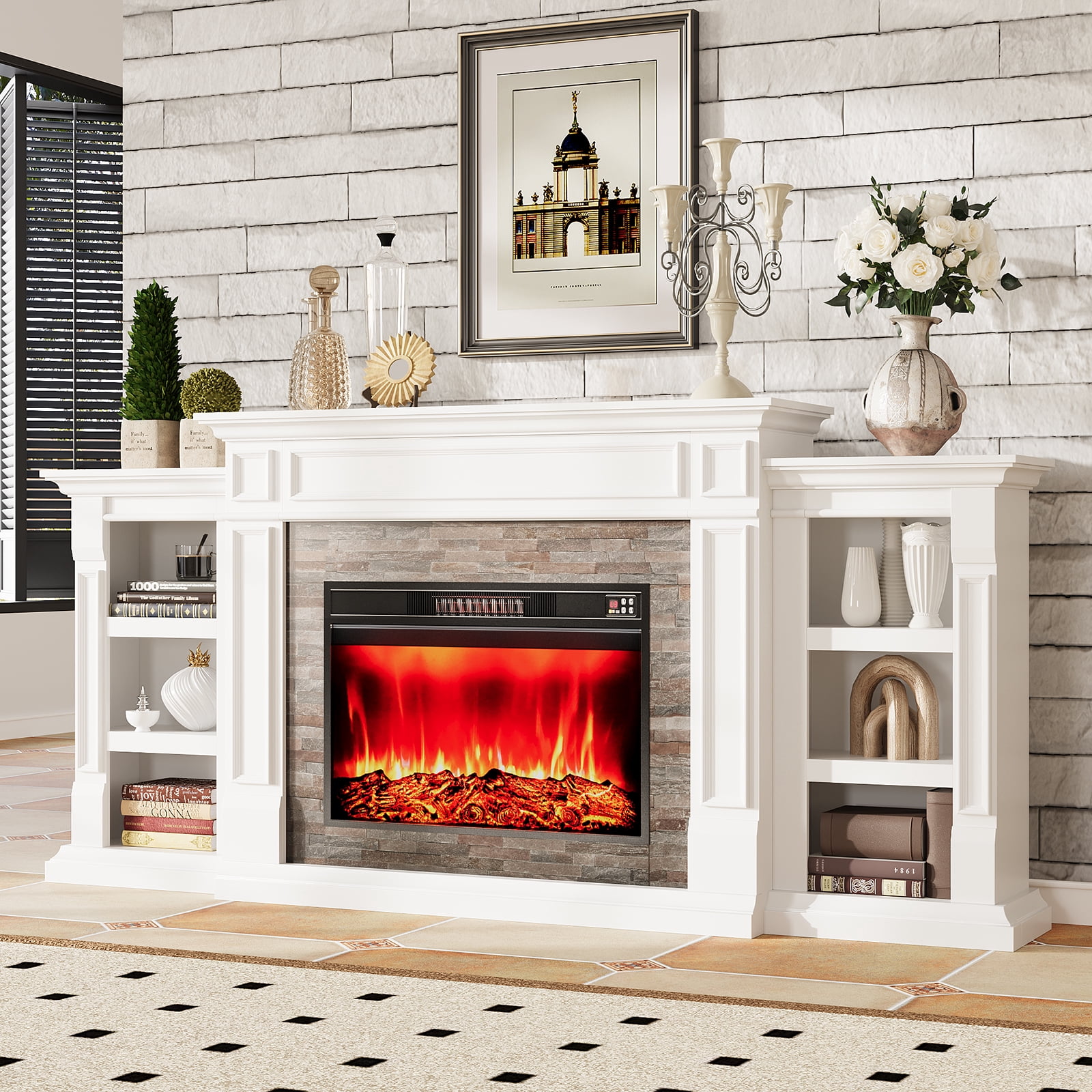 Electric Fireplace with 80" Mantel, Stacked Stone Surround with 30" Fireplace Insert, Adjustable Flame, Remote Control, White