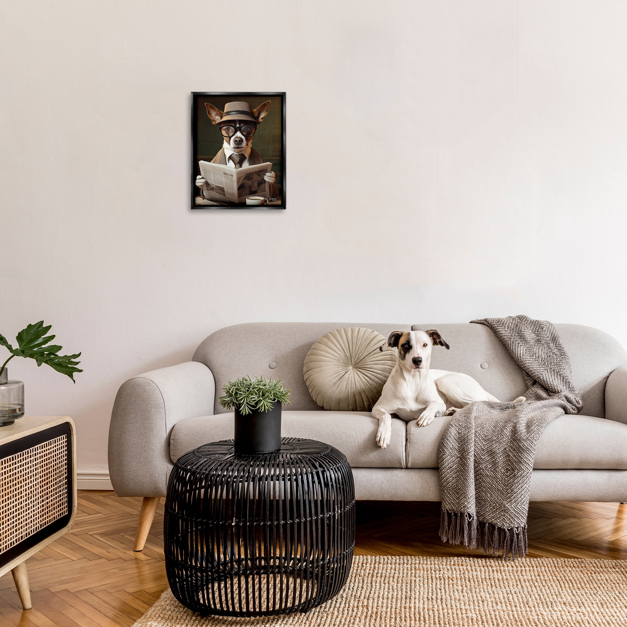 Stupell Industries Classy Dog with Newspaper Animals & Insects Painting Black Floater Framed Canvas Art Print Wall Art, 17 x 21