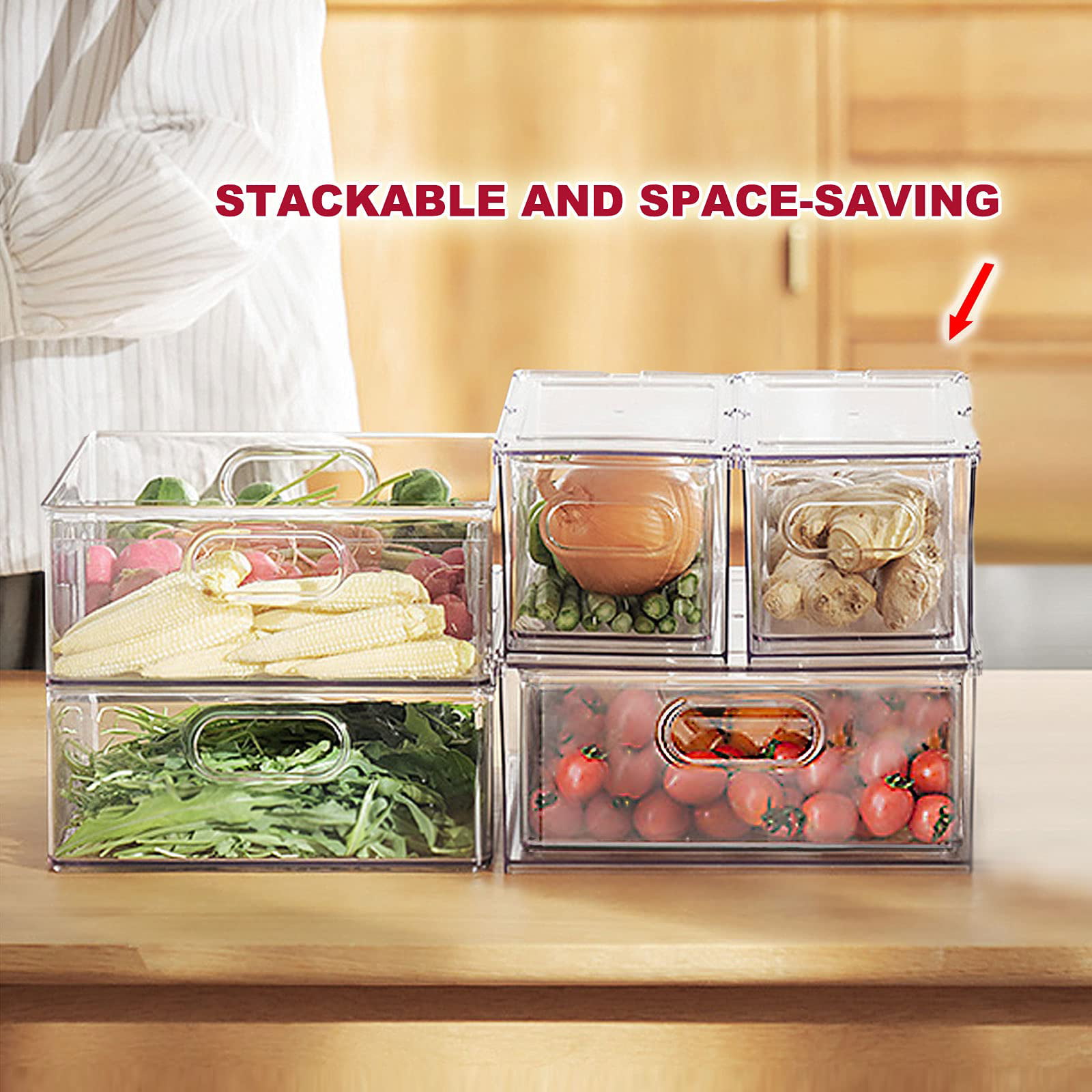 elabo Food Storage Containers Fridge Produce Saver- 3 Piece Set Stackable  Refrigerator Organizer Keeper Drawers Bins Baskets with Lids and Removable