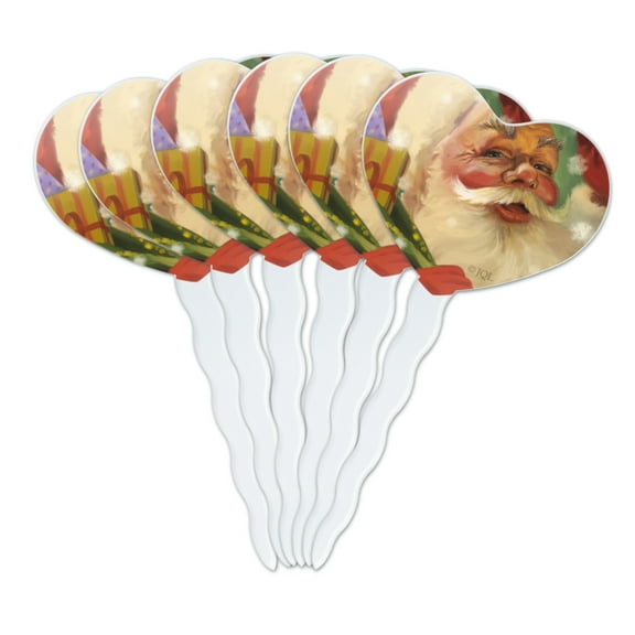 Christmas Holiday Santa and His Toy Sack Heart Love Cupcake Picks Toppers Decoration Set of 6