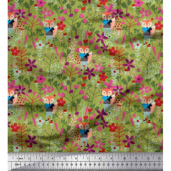 Soimoi Silk Fabric Fox,Leaves & Floral Clip Art Printed Fabric 1 Yard 42 Inch Wide