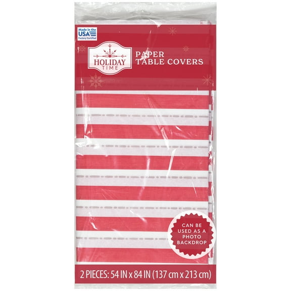 Christmas Stripes Disposable Paper Tablecloth, Red and White, 54" x 84", 2 Count, by Holiday Time