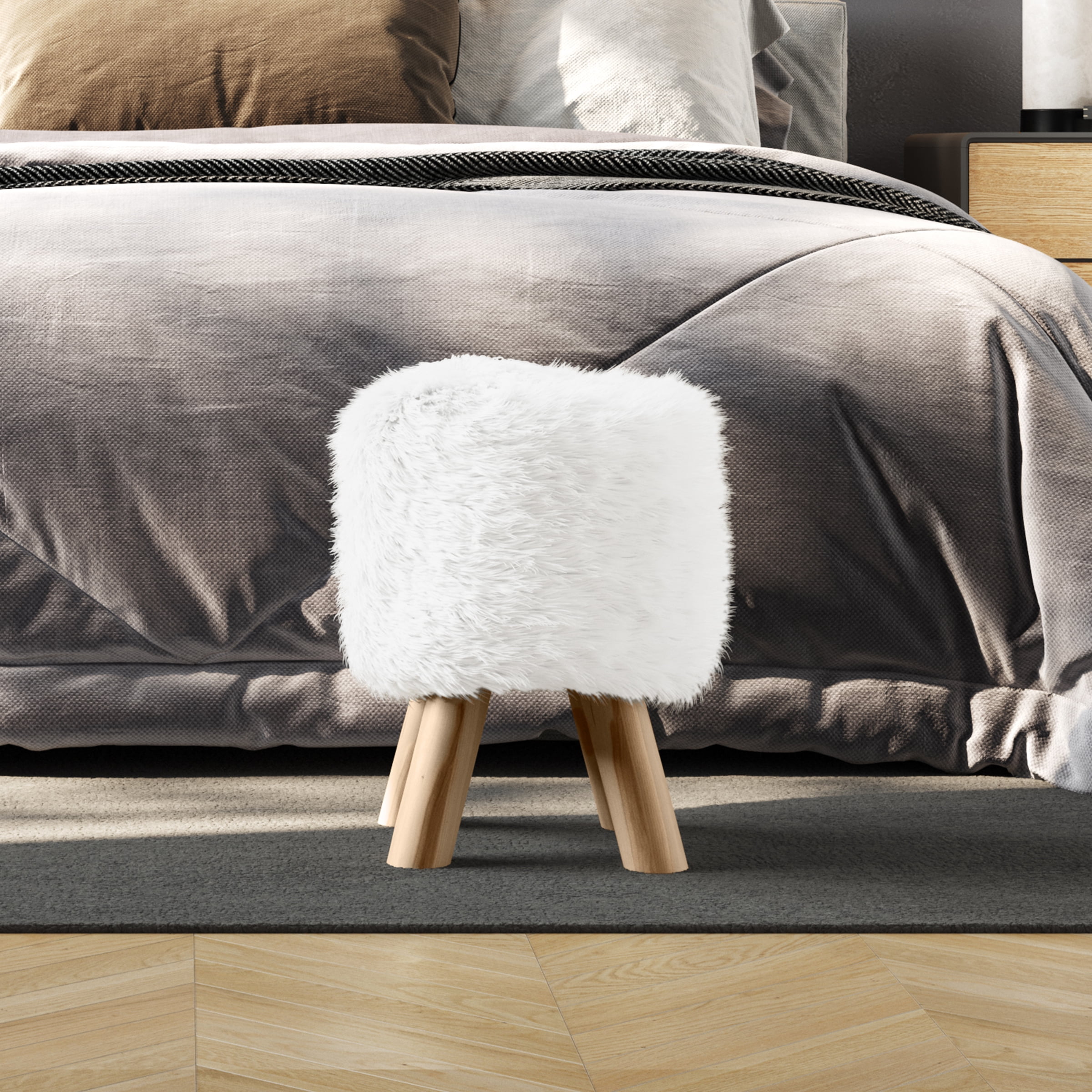Lavish Home 11-inch Round Faux Fur Ottoman, Footrest, or Accent Stool (White)