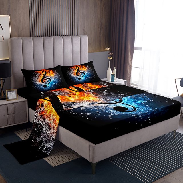 Erosebridal Musical Notes Bed Sheets Set Queen Size,Abstract Water Fire Bed Sheets Queen,Melody Bedroom Decor,Reversible,Ultra Soft,4 Pieces