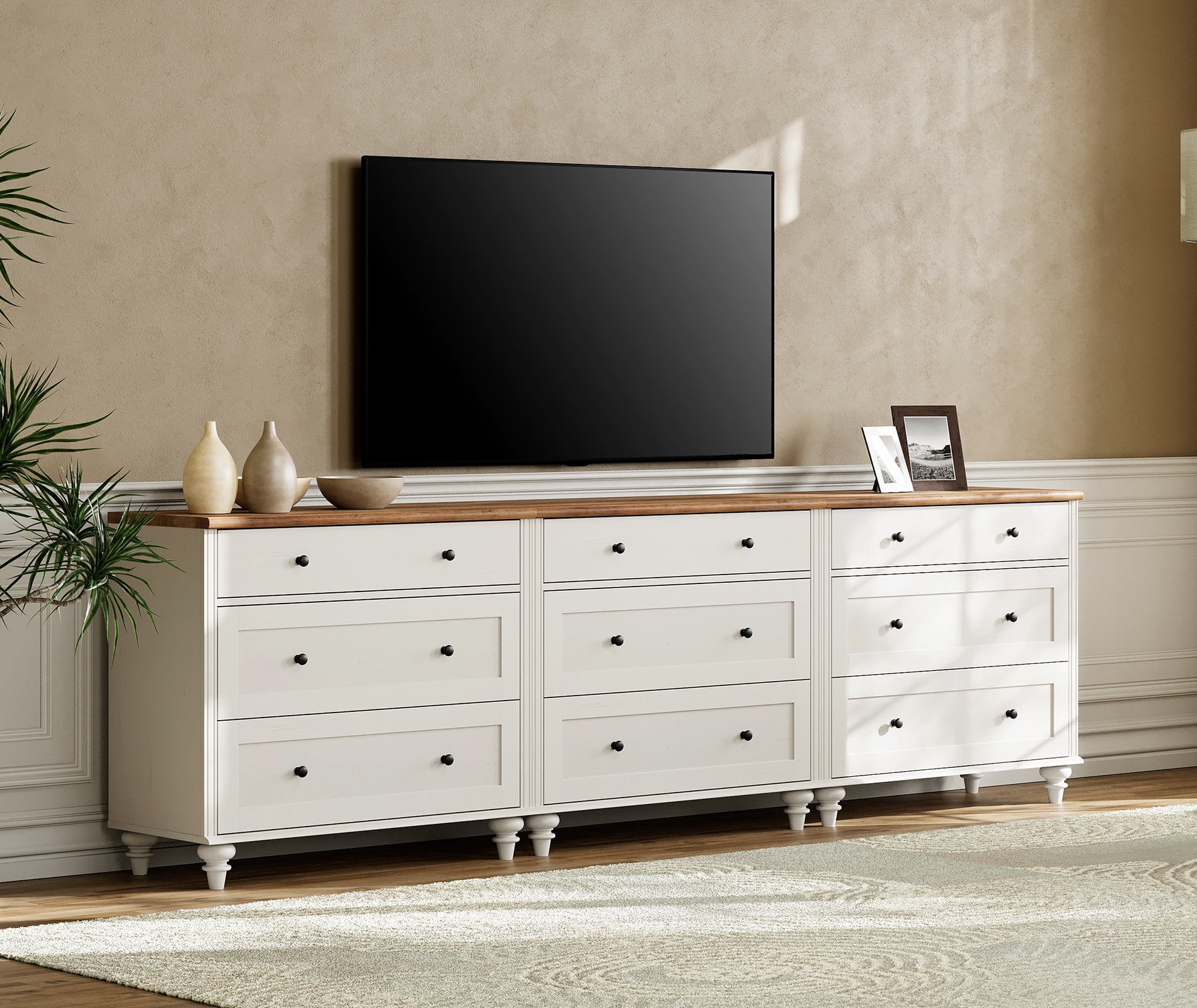 102" Dresser Cabinet with 9 Drawers, Mid-Century Modern Wooden Bedroom Closet Storage Organizer, Farmhouse Small Dressers Suitable for Living Room, Nursery, and Hallway, White