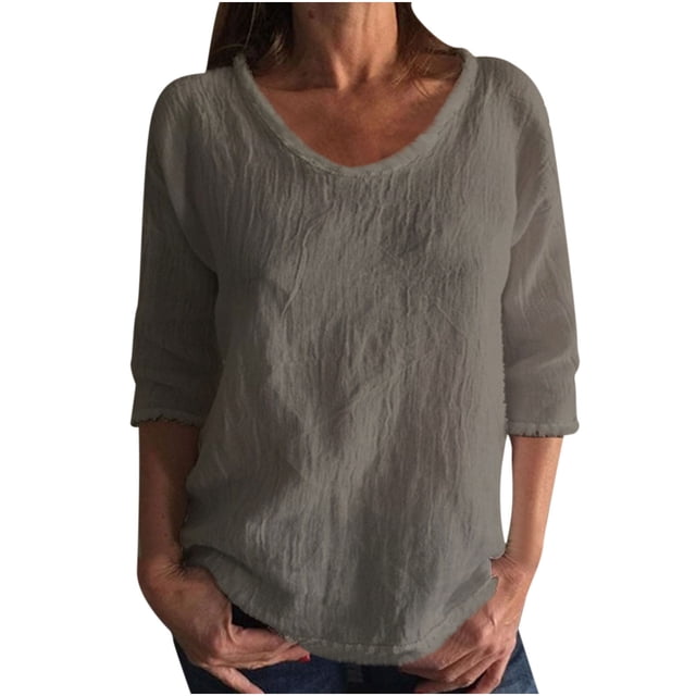 Blouse Femme Printemps Été 2025 Décontractée Couleur Unie Col Rond Manches Mi-Longues Coton Lin pour Tenues de Rue et Quotidiennes