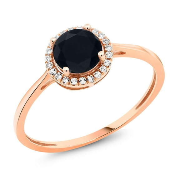 Gem Stone King 10K Rose Gold Round Black Onyx and White Diamond Women's Engagement Ring 0.92 Ct (Size 8)