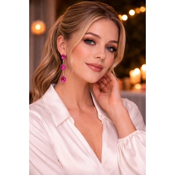 Pink Crystal Drop Earrings for Women, Gold Tone Statement Dangle Earrings, Faceted Gemstone Fashion Jewelry