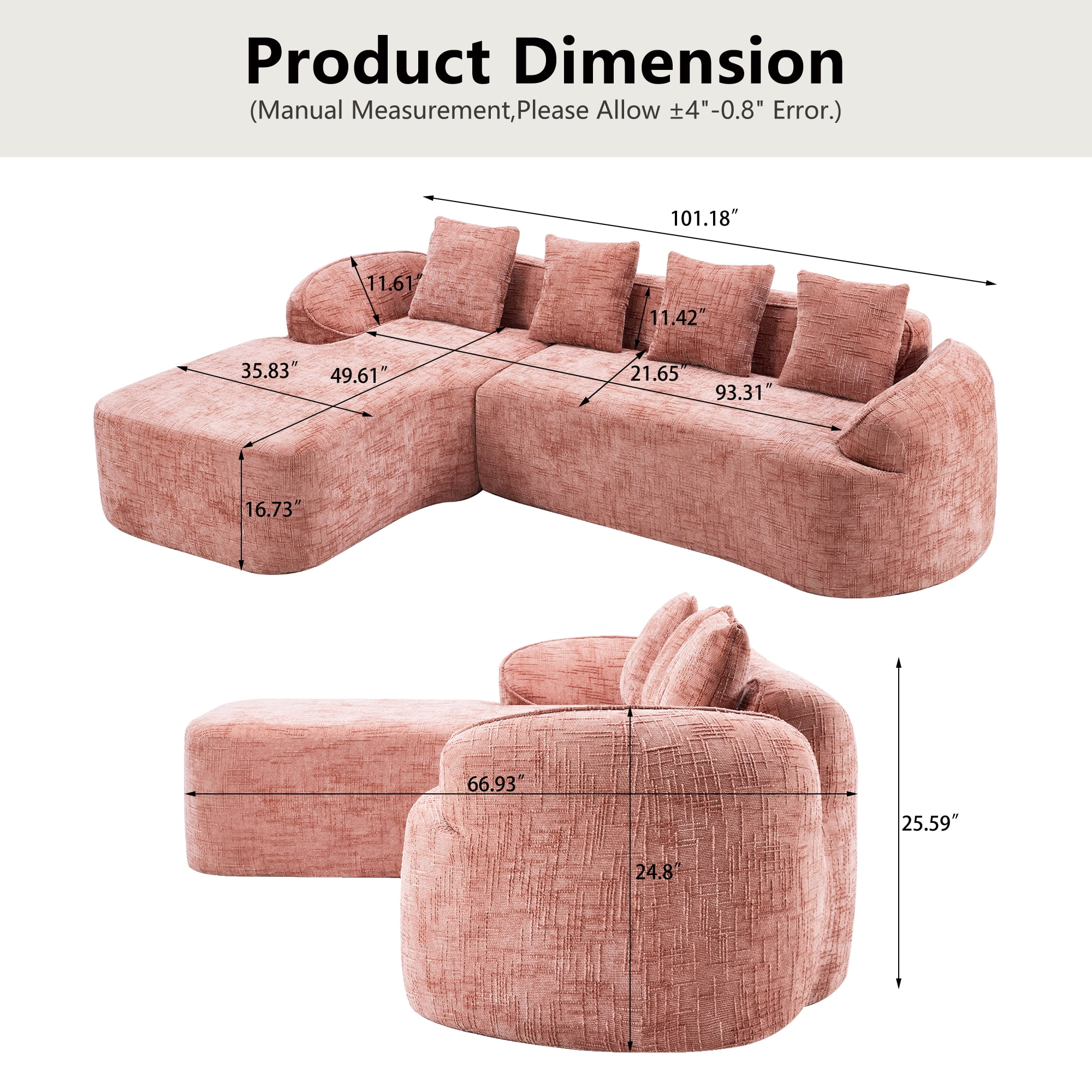 L-Shaped Sectional, Compressed Sofa with Chenille Fabric and Sponge Spring Support, No Assembly Couch for Living Room, 101" x 67" Pink