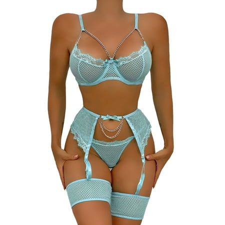

BSDHBS Women s Lingerie Women Lady Metal Button Lingerie Set High Waist Sleepwear Bra and Panty Two Piece Nightwear Blue Size L