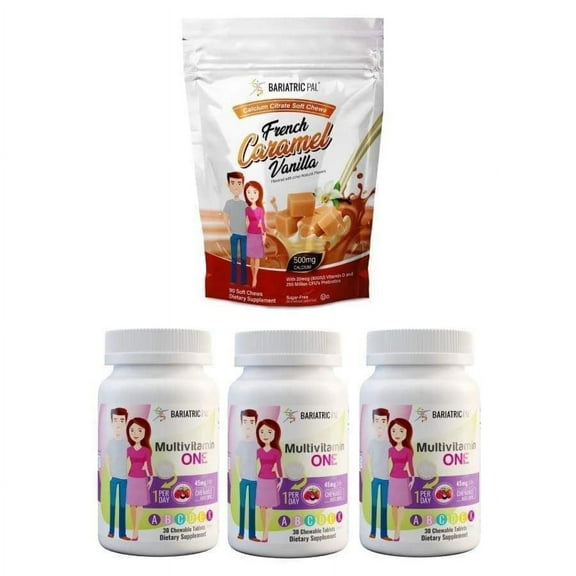 Gastric Band Complete Vitamin Pack - Chewables Size: 3-Month Supply, BariatricPal Multivitamin ONE: Mixed Berry Chewable with 45mg Iron, BariatricPal Calcium Citrate Soft Chews: French Vanilla Caramel
