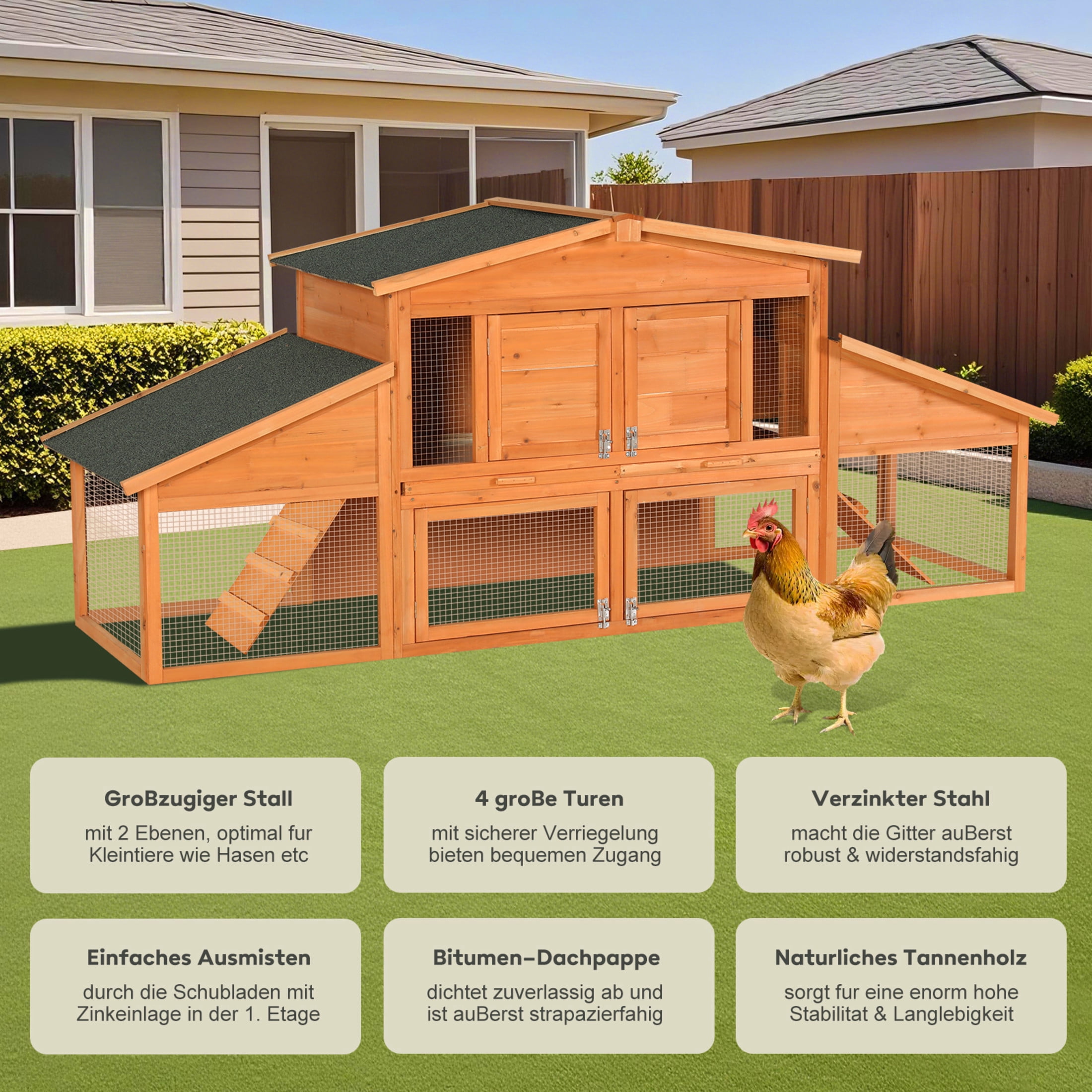 Noble House 91" Extra-Large Fir Wood Rabbit House, Outdoor Chicken Coop Hutch with Cleaning Tray, Natural
