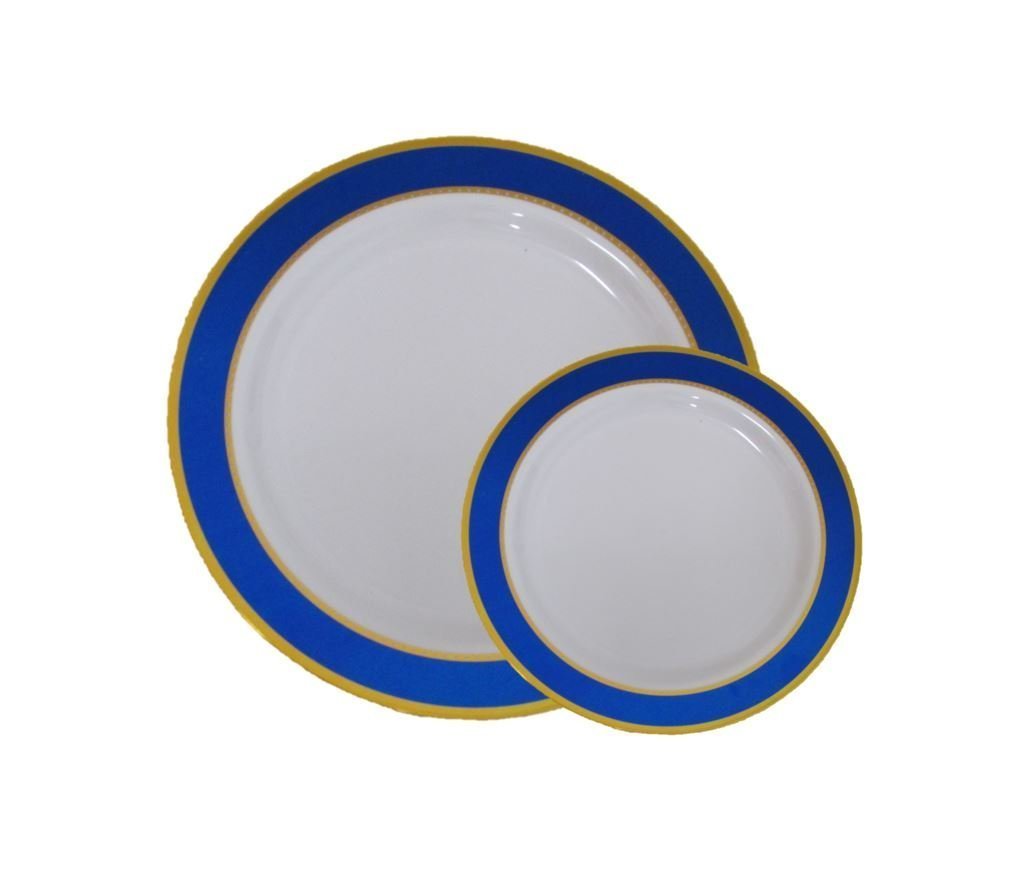 Disposable Plastic Dinner Dessert Plates With Blue and Gold Trim40