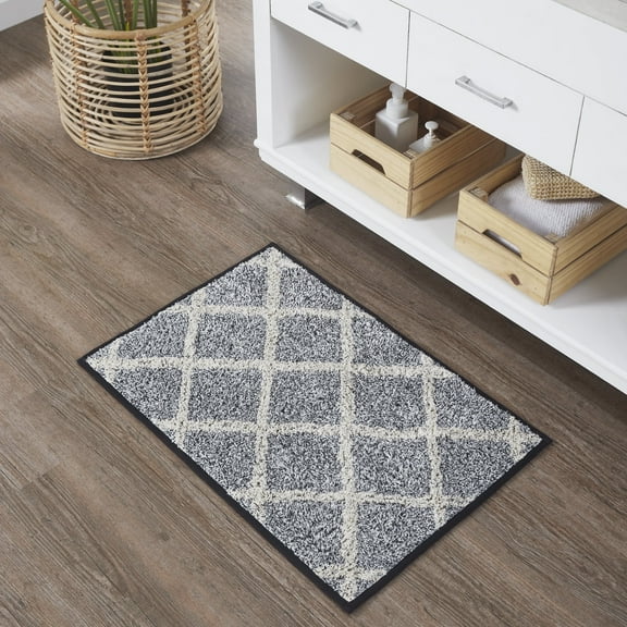 VHC Brands Frayed Lattice Bath Mat, Creme & Black, 20x30