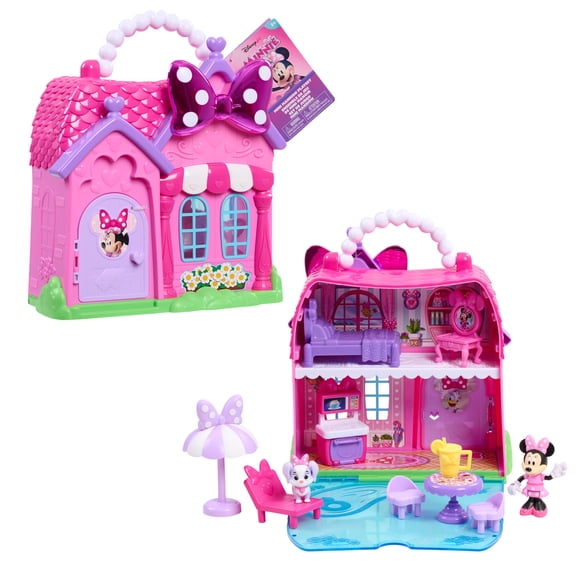 Disney Jr. Minnie Mouse Mini Mansion Playset Dollhouse, Portable Foldable House with Figures, 12 Pieces, Kids Ages 3 Years and Up