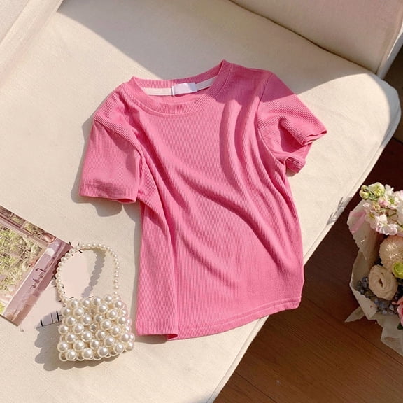 Babcutegg Girls Summer Short Sleeve T-Shirt – Breathable Ice Silk Solid Color Ribbed Top for Casual Everyday Wear and Warm Weather Comfort Hot Pink Size 6