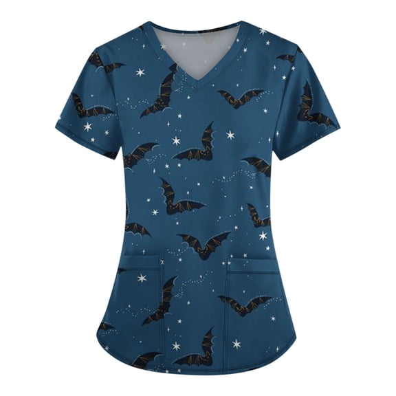 Stretch Printed Scrub Tops for Women V-Neck Short Sleeve Halloween Pumpkin Nurse Care Work Uniform Top with Pockets Blue 4XL