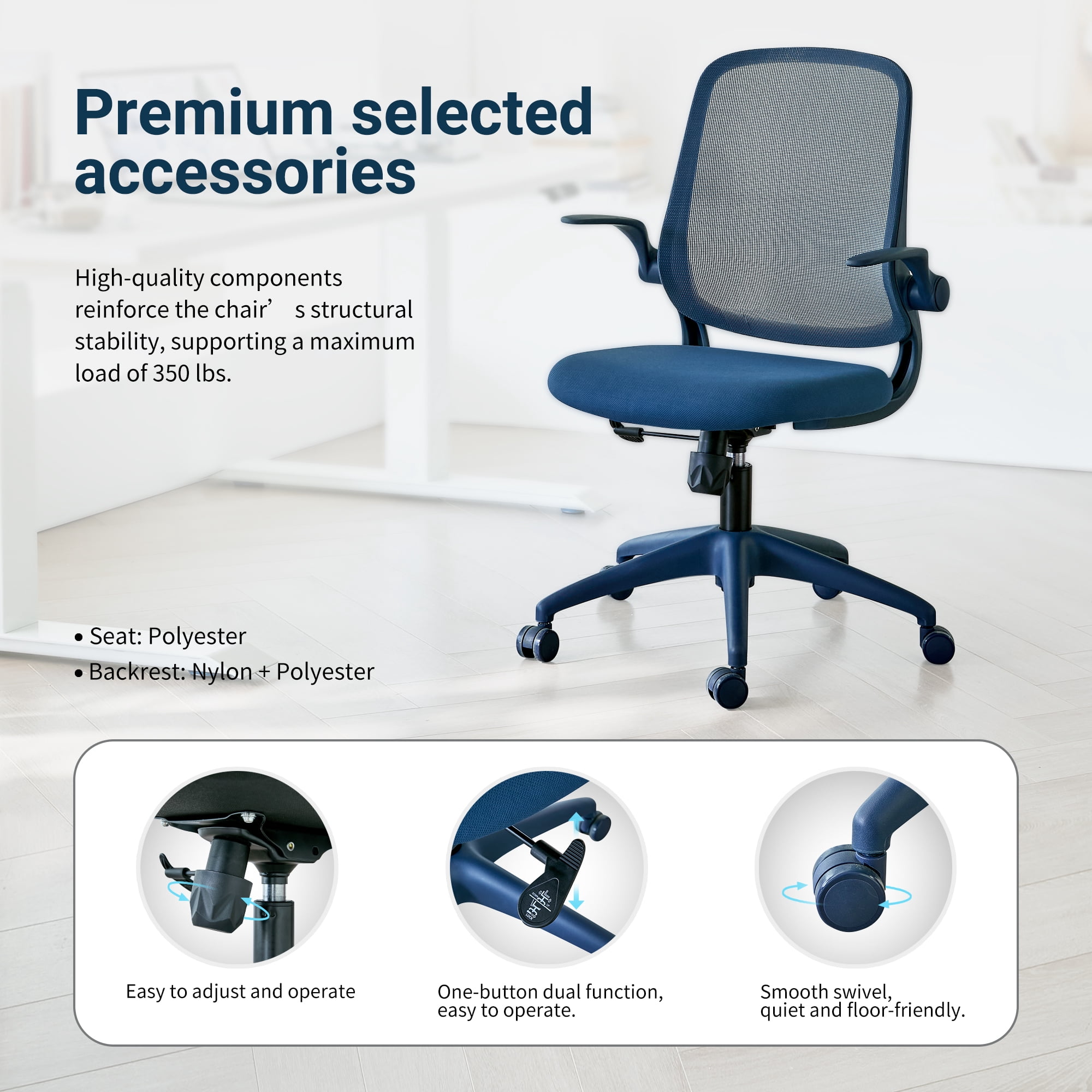 Ergonomic Mesh Office Chair 350LBS, Fireproof Molded Foam Seat with Flip-Up Armrest, Height Adjustable Swivel Rocking Desk Chair for Home Office