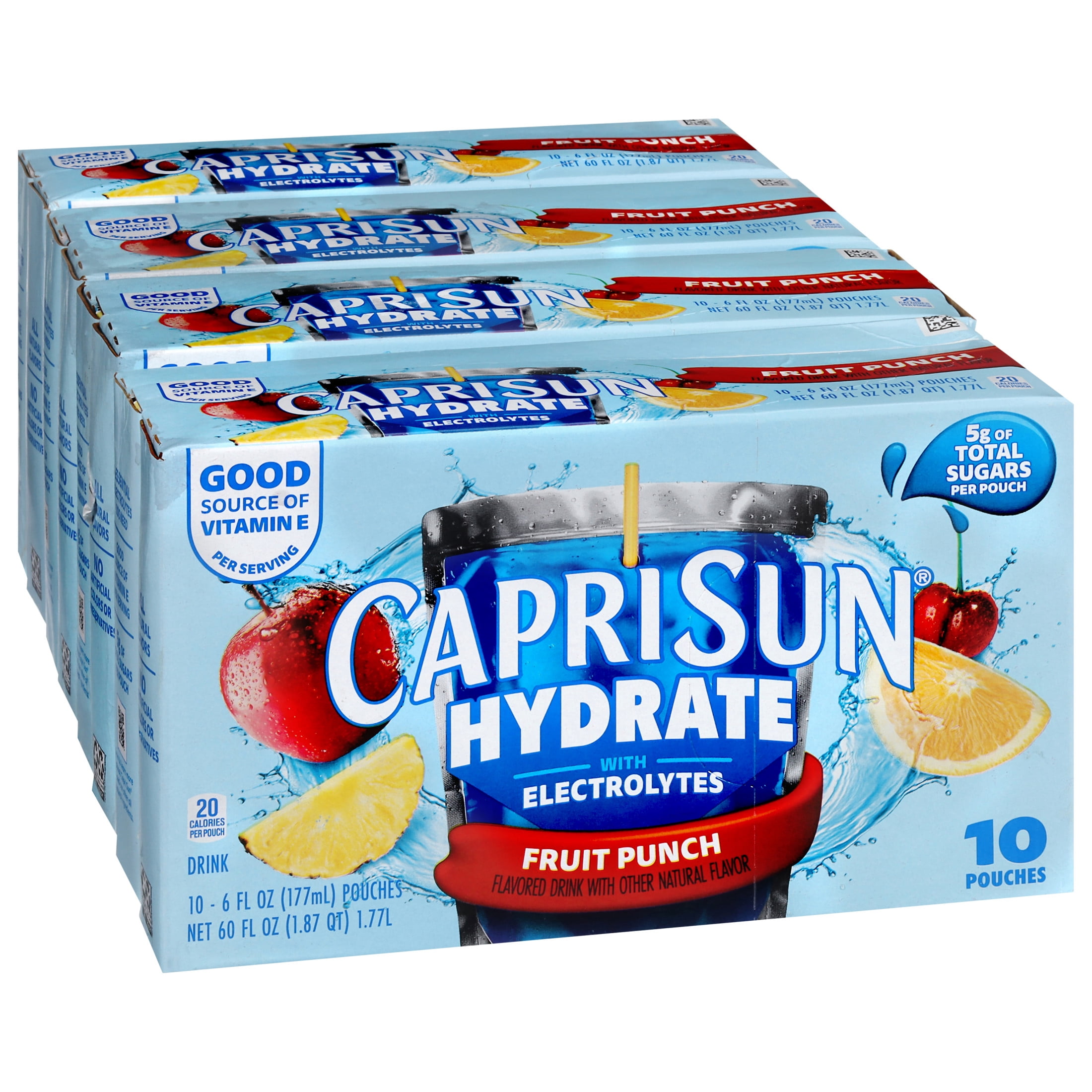 (4 pack) Capri Sun Hydrate with Electrolytes Flavored Drink with Other Natural Flavor, 10 Pouches, for On-the-Go Hydration and School Lunches, Fruit Punch, Good Source of Vitamin E, 6 oz