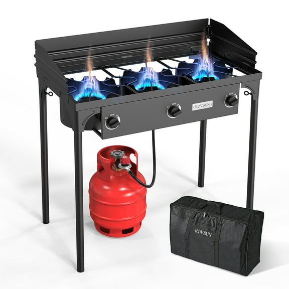 VINGLI 3 Burner Outdoor Camping Burner, 225,000 BTU Propane Gas Stove with Windscreen, Carrying Bag & CSA Listed Regulator, Picnic Cooker Perfect for Home Brewing Maple Syrup Patio Turkey Frying