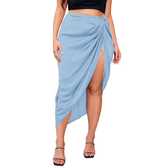 HJYCHN Women Plus Size Asymmetrical Side Split Skirt with High-Waist for Elegant Evening Wear and Casual Outings Blue M
