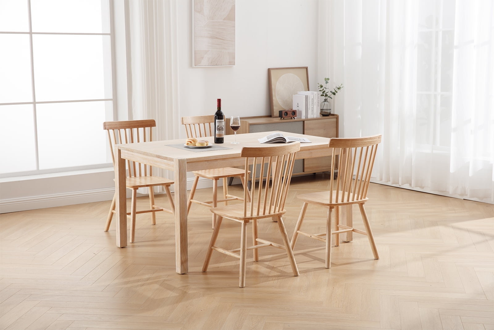 Dayalane Farmhouse Windsor Dining Chairs Set of 2, Solid Wood Spindle Back Dining Side Chairs, Mid-Century French Country Oak Kitchen Chairs for Dining Room Living Room Kitchen Restaurant, Natural