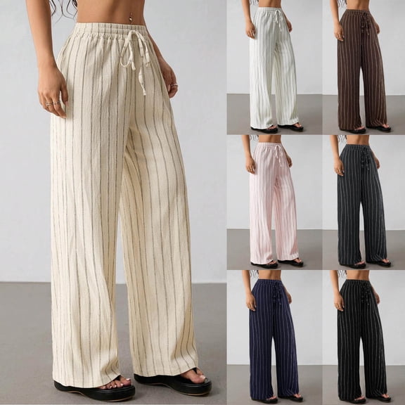 Womens Drawstring Striped Pants Loose Wide Leg Trousers Casual Low Waist Pants Comfy Lounge Pants with Pockets Beige XS(XS)