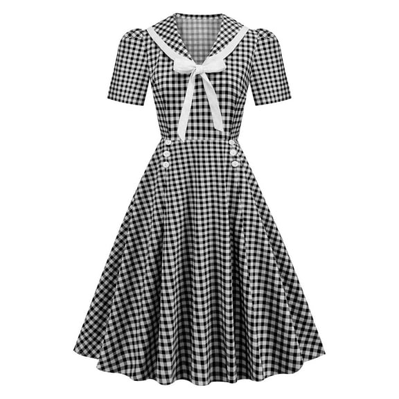 IROINNID A-Line Dress For Women Short Sleeve Round Neckline Summer Retro Casual Pullover Sexy Long Dress Strapless Plaid Dress