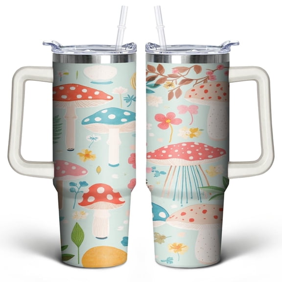 Mushroom 30 Oz Tumbler with Handle Lid and Straw, Stainless Steel Double Walled Vacuum Insulated Cup, Cute Anniversary Wedding Birthday Gifts Tumbler for Women Men Friends Outdoor Indoor