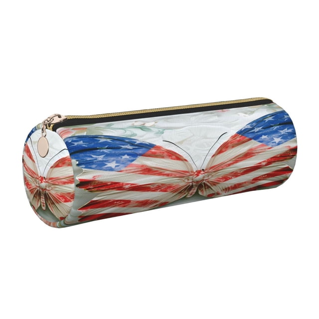 Easygdp Patriotic Butterfly Floral para Estuche de Lápices Cilíndrico de Cuero con Cremallera, Organizador de Lápices de Cuero para Escuela, Oficina y Viajes
