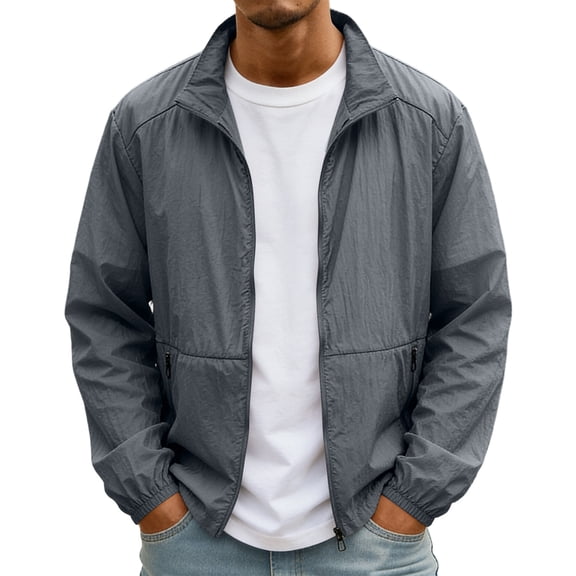 LNZGNM Mens Jacket Sun Protection Quick Dry Coat Full Zipper Lightweight Long Sleeve Jackets Casual Outdoor Tops with Pockets,Dark Gray S