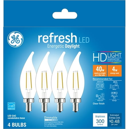 GE Refresh LED Decorative Light Bulbs, Daylight, 40 Watt Eqv, Candelabra Base, 4pk