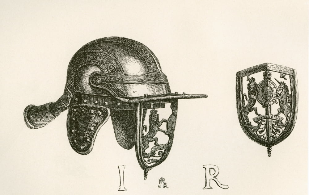 Casque Of King James Ii With Cheek Pieces And Perforated Steel Visor Representing The Royal Arms With Scroll Work Of Thistles Below From The British Army Its Origins Progress And Equipment Published 1