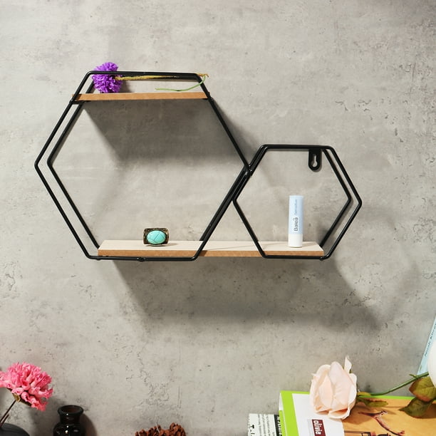 2-Tier Hexagon Wall Mounted Hexagonal Floating Shelves Storage Shelves ...