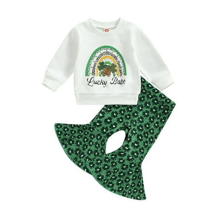

Diconna Toddler Baby Girl St. Patricks Day Outfit Lucky Babe Sweatshirt Tops Clover Flared Pants 2Pcs Clothes Set White Green 12-18 Months