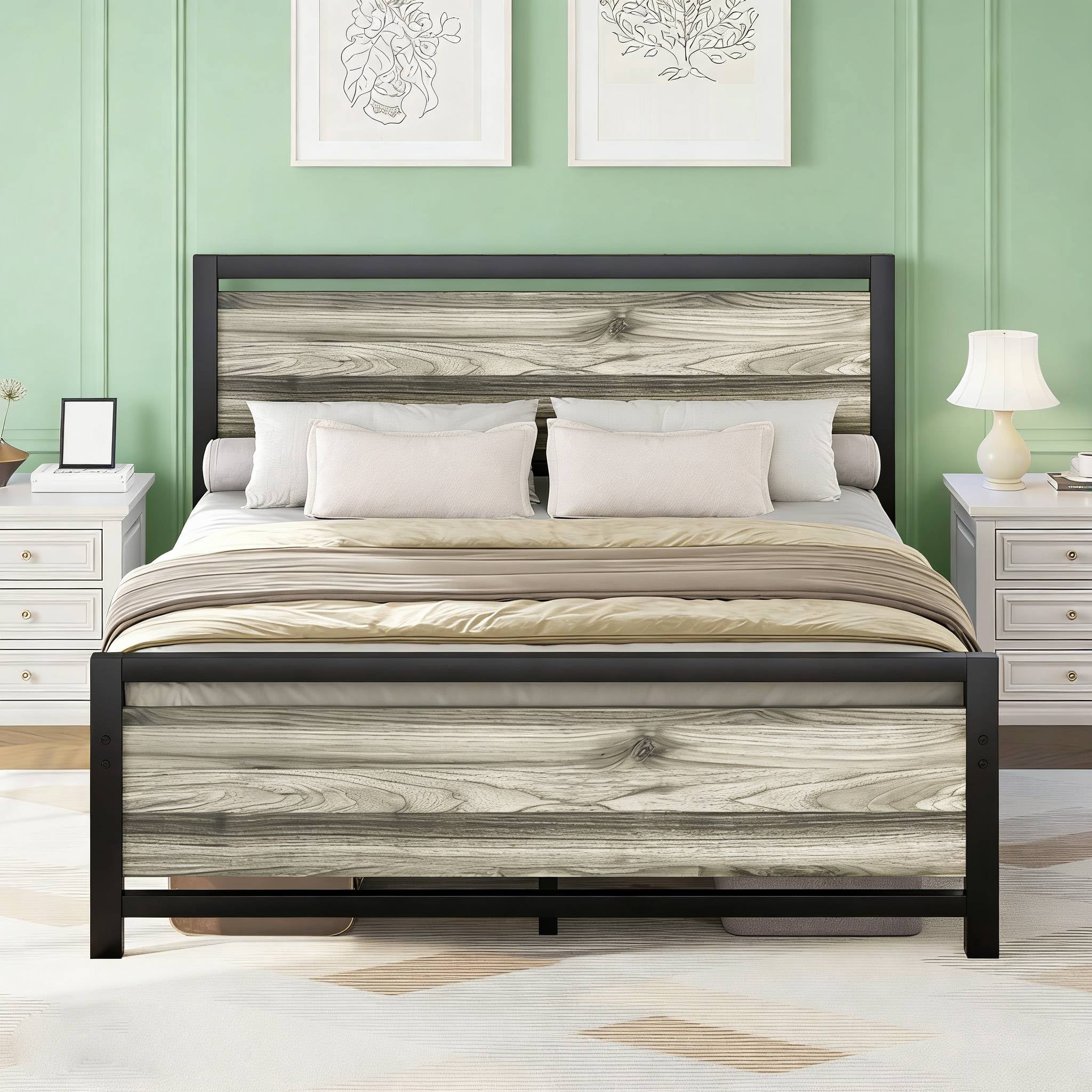 4 EVER WINNER Full Bed Frame with Headboard, Industrial Style Bed Frame Full Size, Full Size Bed Frame with Wooden Footboard, No Box Spring Needed, Noise-Free, Easy Assembly, Grey