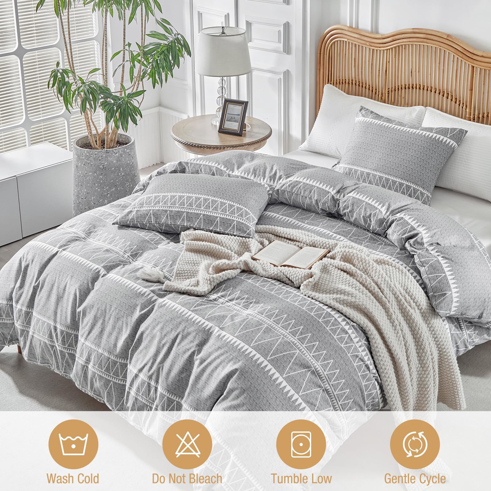 Duvet Cover Queen Size - 3pc Ultra Soft Brushed Grey Bedding Set, Breathable Comforter Cover with Zipper & Secure Ties (1 Duvet Cover 90x90 Inches + 2 Pillow Cases)