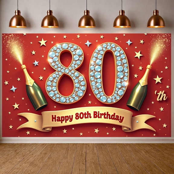 Decorated 80th Birthday Banner Champagne Bottle Design Milestone Backdrop Star Pattern Red Background Festive Background for 80th Birthday Party Milestone Celebration Indoor Decoration