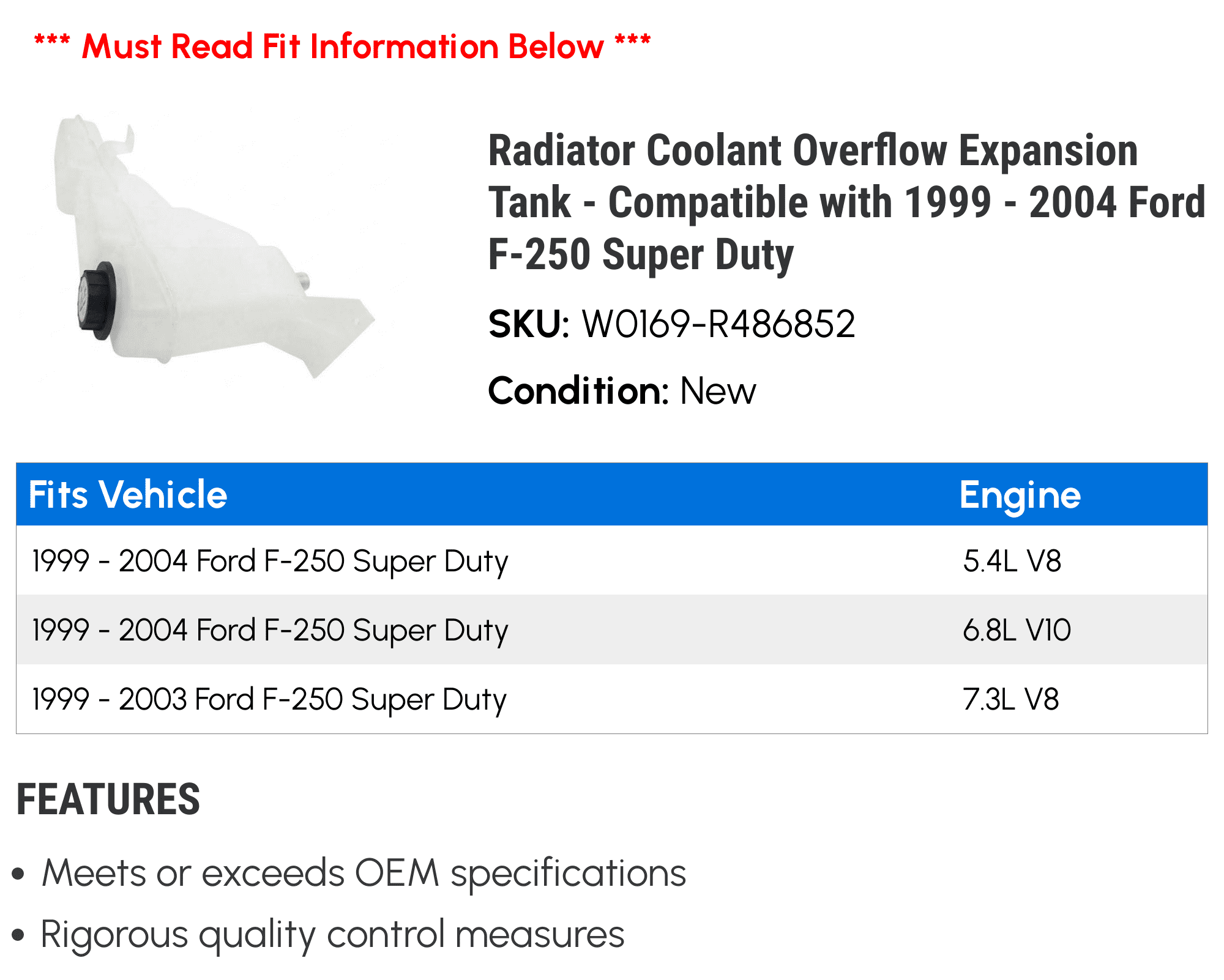 Radiator Coolant Overflow Expansion Tank - Compatible with 1999 - 2004 Ford F-250 Super Duty 2000 2001 2002 2003