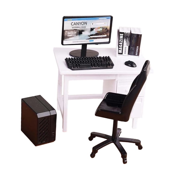Escritorio y silla de computadora en miniatura a escala 1/12, juego de escritorio y silla de oficina en miniatura para manualidades DIY blanco