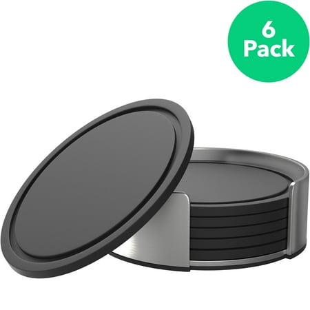 Vremi Drink Coasters Set of 6 with Holder - Round Black BPA Free Silicone with Stainless Steel Coaster Case - Fits Any Size Cup Mug or Glasses to Protect Furniture from Water Marks Scratch