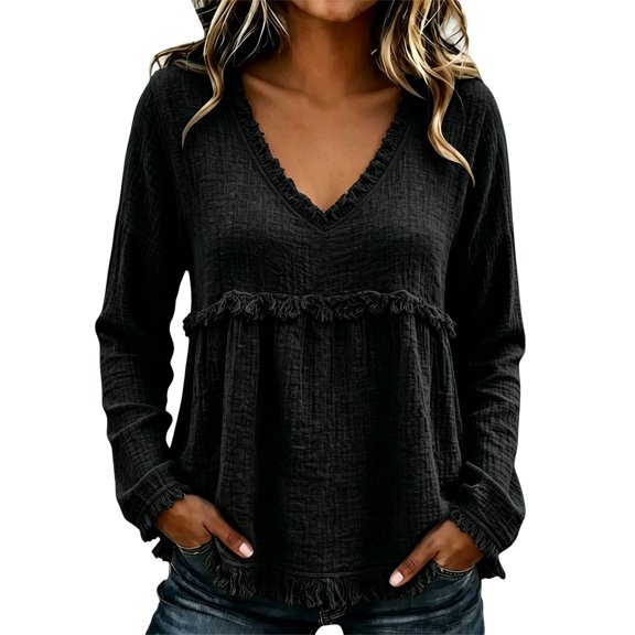 Women Long Sleeve Fringe Tops Western Outfit V Tops Neck Tops Oversized Shirts Going Out Tops Fall Outfits Business Casual Tops Workout Tops Basic Long Sleeve Shirts Casual Top