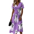 thumbnail image 2 of Halloween Midi Dresses for Women Ghost Bat Short Sleeve Funny Sundress Pumpkin Witch Hat V Neck Spooky Dresses, L, 2 of 5