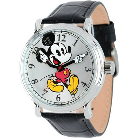 Mickey Mouse Men's Shinny Silver Vintage Articulating Alloy Case Watch, Black Leather (Best Vintage Watches Under 500)