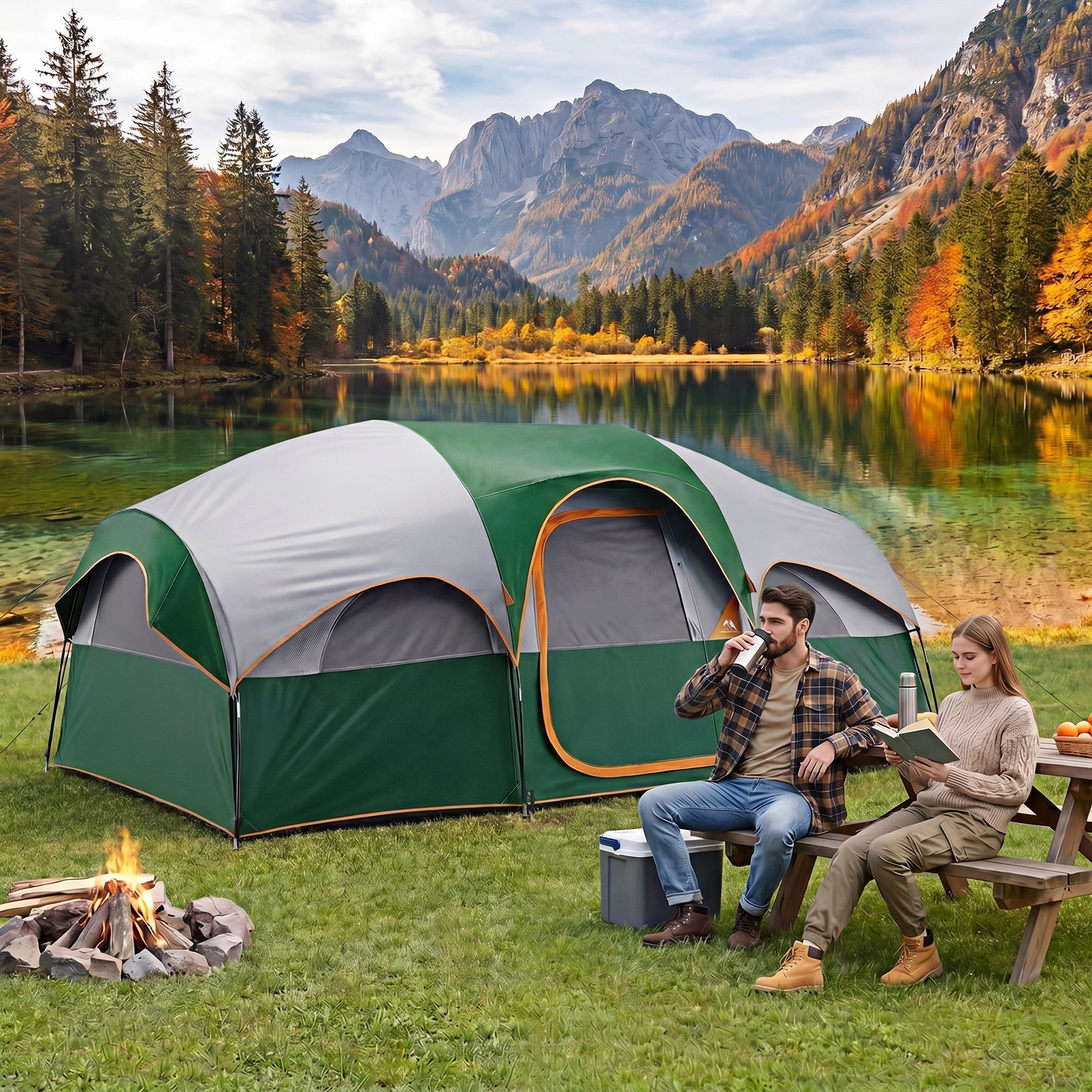 EDX 8-Person Camping Tent with Waterproof Double Layer & Standing Height Cabin, Mesh Roof, Divided Curtain, Easy Setup & Family-Friendly, Portable Carry Bag, Spacious for Car Camping, Green