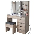 thumbnail image 4 of Ktaxon Vanity Set with 3 Color Lighted Mirror & Charging Station, Makeup Table with 6 Drawers, Dressing Table Makeup Desk with Stool,Retro Gray, 4 of 10