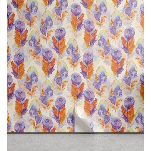 Ambesonne Feathers Peel & Stick Wallpaper for Home, Fuzz Pattern Watercolor, 13"x100", Pastel Purple Dark Peach