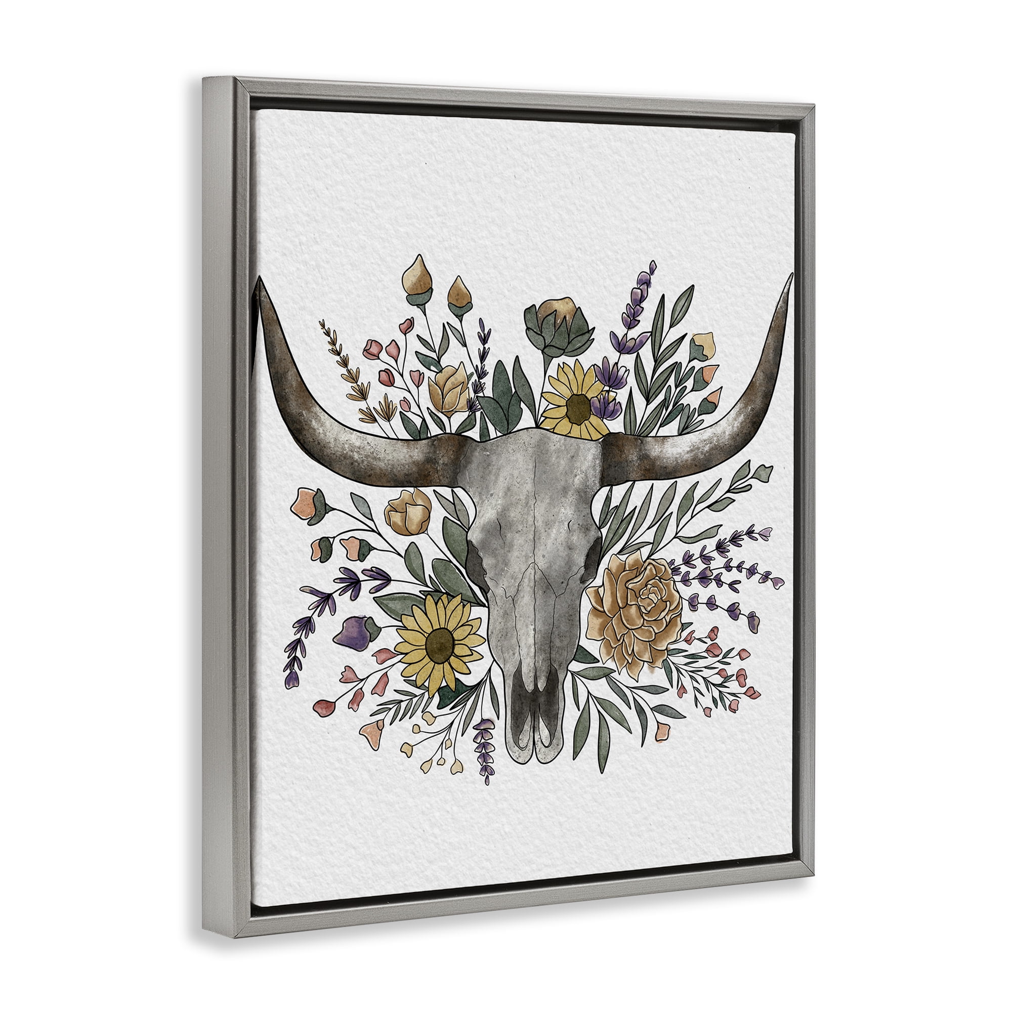 Stupell Industries Boho Wildflower Longhorn Gray Framed Floater Canvas Wall Art, design by Alisha Kiara Design