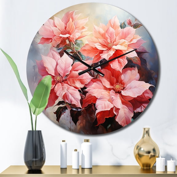 Designart "Pink Poinsettias love expression" Floral Oversized Wall Clock