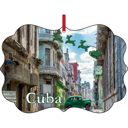 Cuba Christmas Decorations Santa Klaus and Sleigh Riding Over Old Havana, Cuba Elegant Semigloss Aluminum Christmas Ornament Tree Decoration - Unique Modern Novelty Tree Décor Favors ()